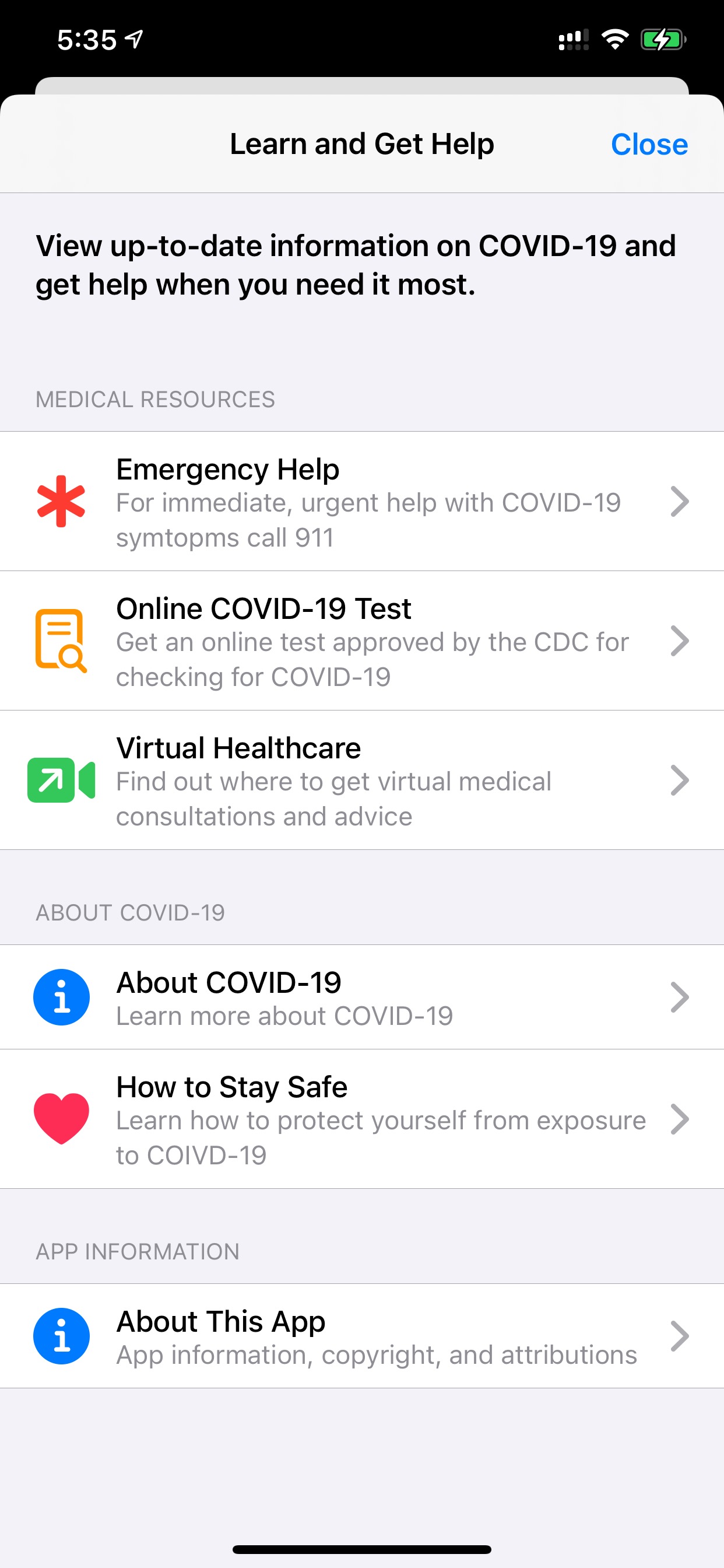 COVID-19 App and Site supporting view